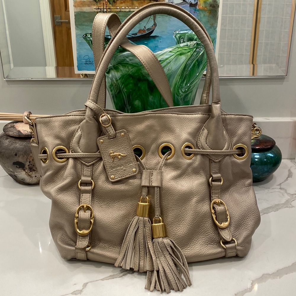 Emma Fox - Gray Leather Shoulder/Crossbody Bag, Gold-Toned Grommet Accents VGUC